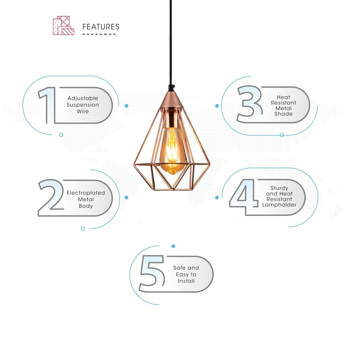 Features of rose gold metal cage pendant light s with e27 fitting