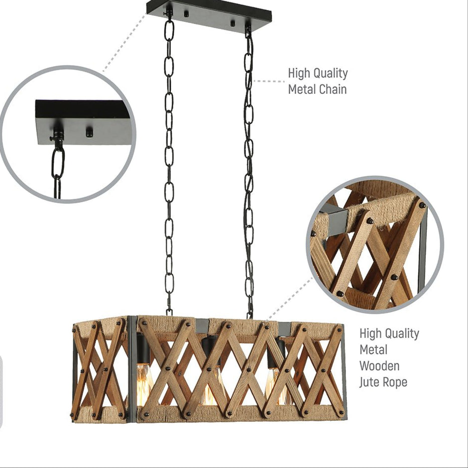 Features of wood black metal cuboid island chandelier with 3xe27 fitting