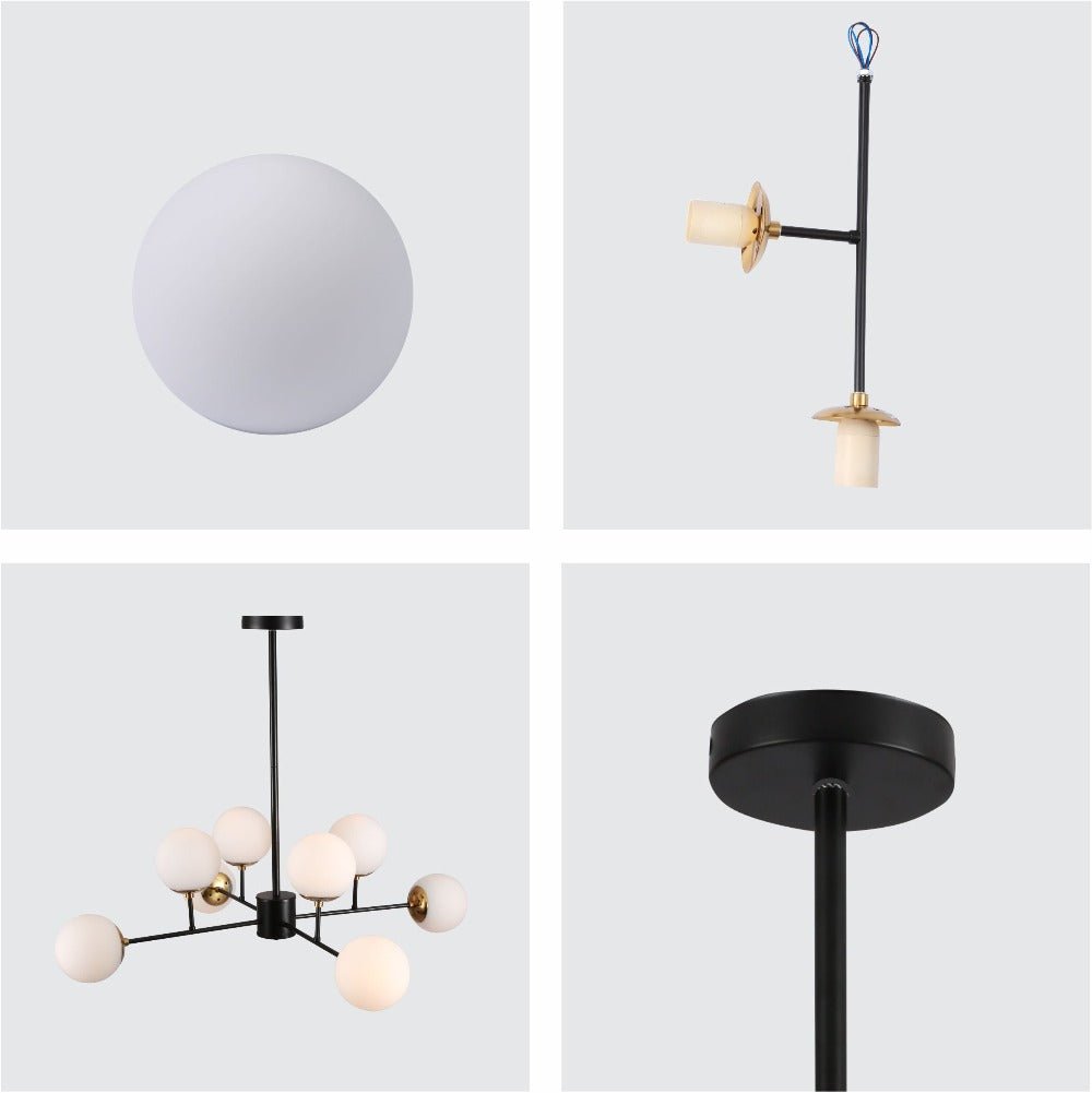 Detailed shots of Chandelier Stilnovo Opal Globe Black Body with 8xE27 Fitting | TEKLED 159-17322