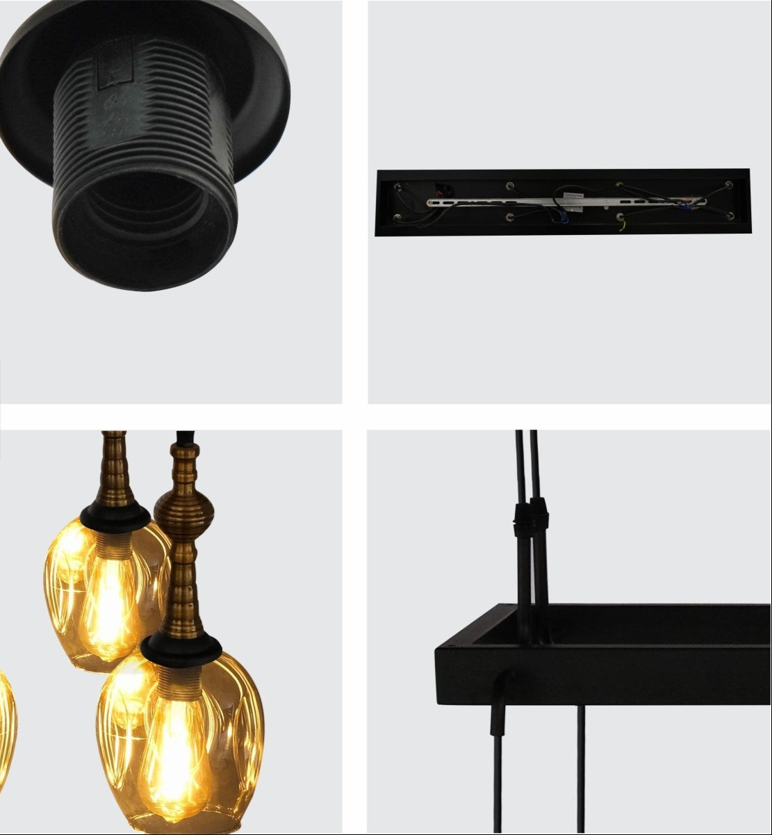 Detailed shots of Amber Cone Glass Black Metal Island Chandelier with 8xE27 Fitting | TEKLED 158-19582