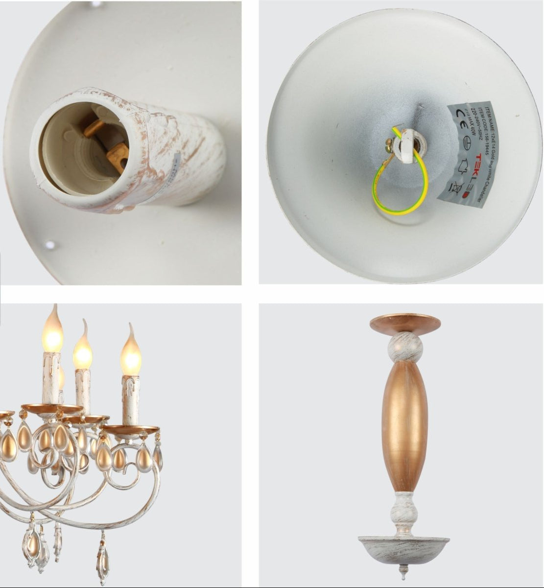 Detailed shots of Amber Crystal Gold and White Metal 12 Arm Chandelier with E14 Fitting | TEKLED 158-19445