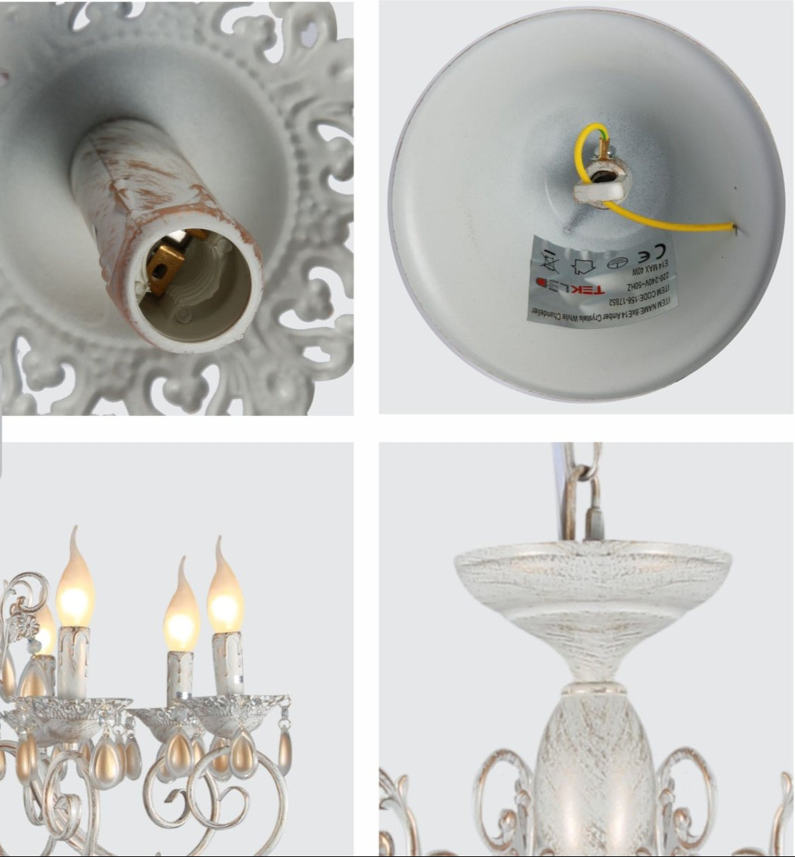 Detailed shots of Amber Crystals Rice White with Gold Brushed Metal 8 Arm Chandelier with E14 Fitting | TEKLED 158-17852