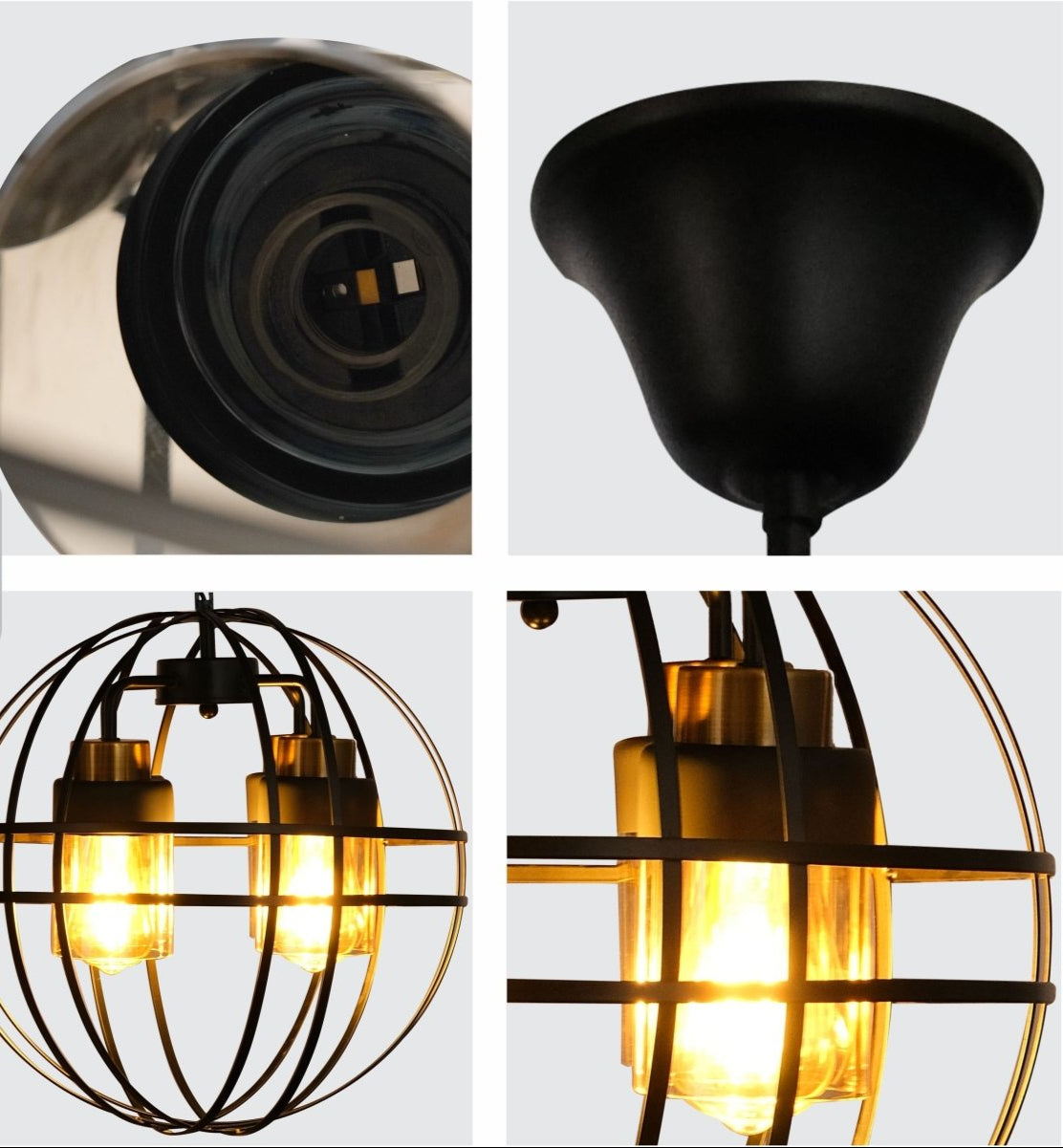 Detailed shots of Amber Cylinder Glass Black Cage Metal Chandelier with 4xE27 Fitting | TEKLED 158-19572