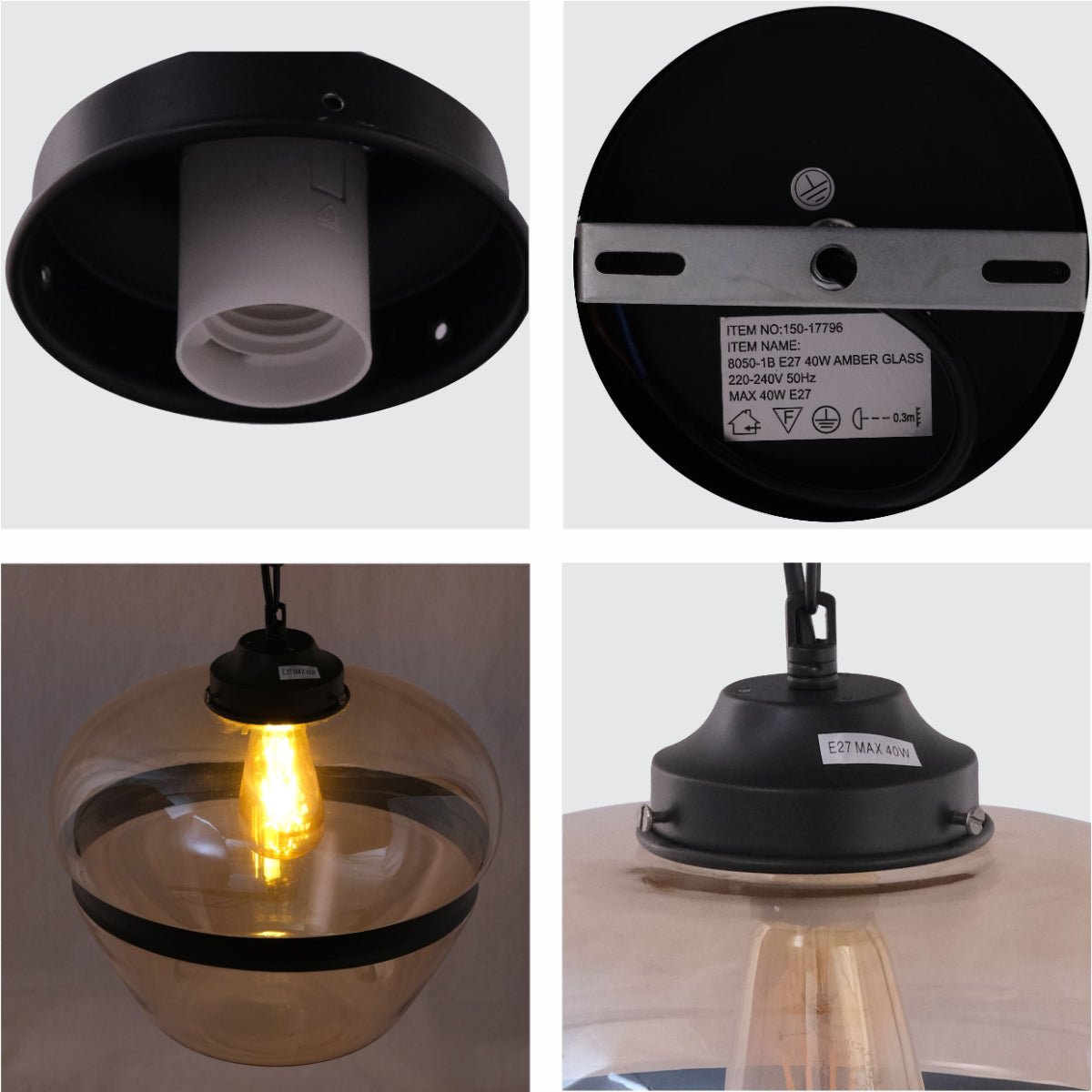 Detailed shots of Amber Glass Black Stripe Schoolhouse Pendant Ceiling Light with E27 | TEKLED 150-17796