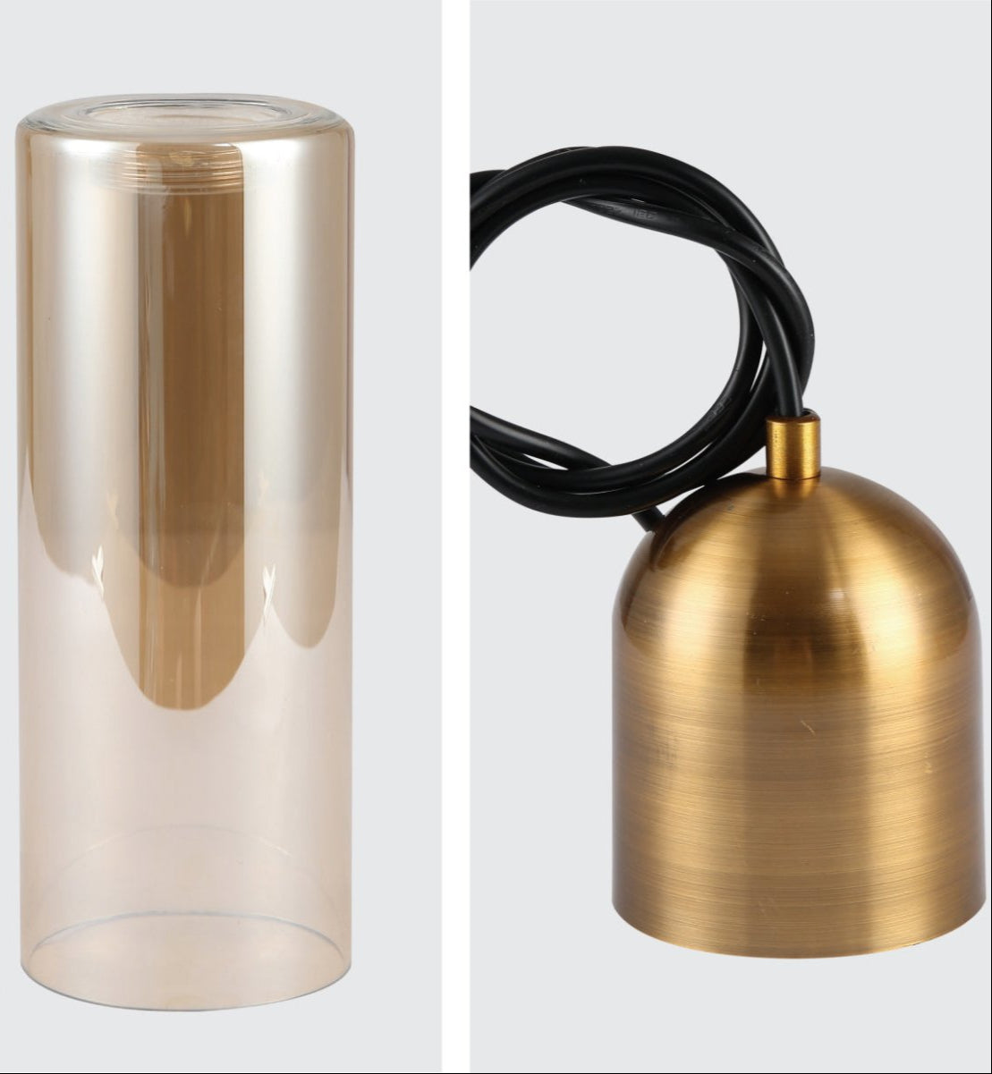 Detailed shots of Amber Glass Gold Aluminium Bronze Plated Top Cylinder Pendant Light with 3xE27 Fitting | TEKLED 159-17299