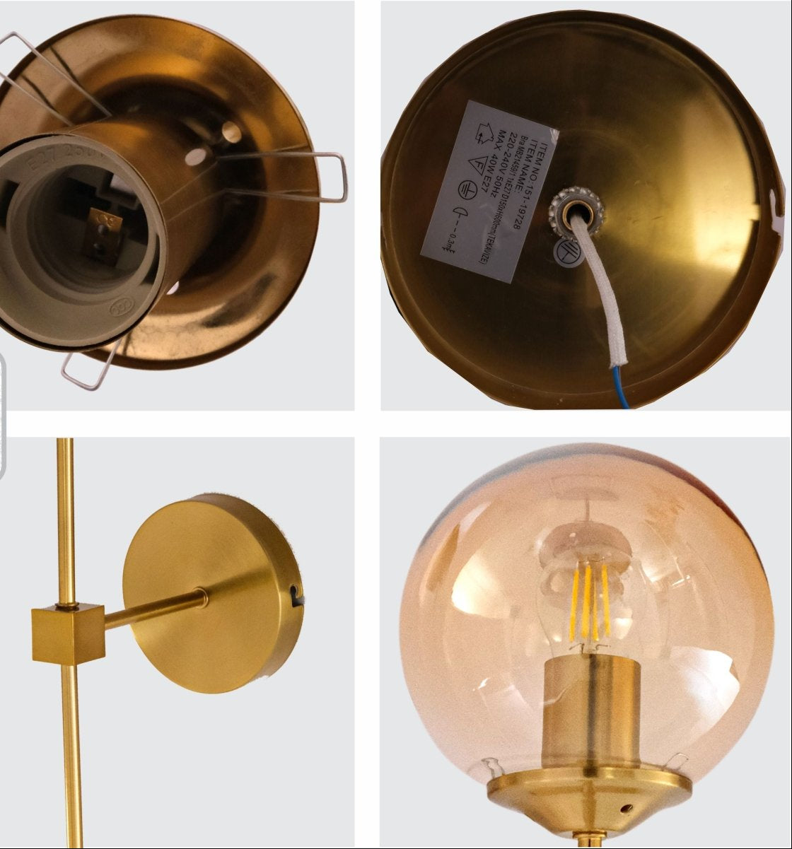 Detailed shots of Amber Glass Gold Metal Wall Light L with E27 Fitting | TEKLED 151-19728