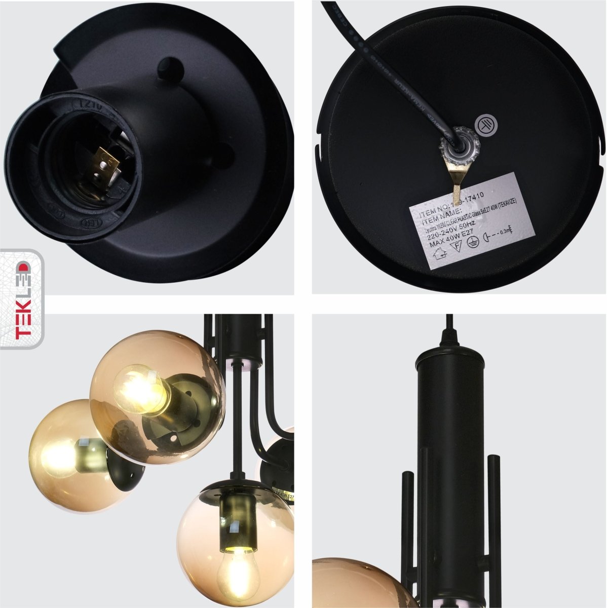 Detailed shots of Amber Globe Glass Black Body Pendant Chandelier Light with 5xE27 Fittings | TEKLED 159-17410