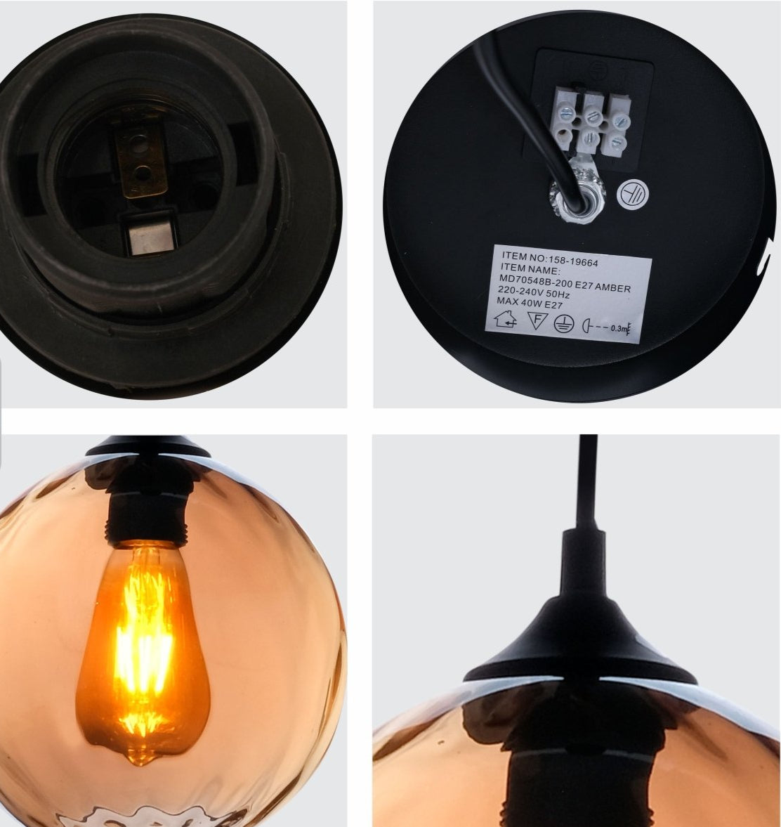 Detailed shots of Amber Gold Glass Pendant Light D200 with E27 Fitting | TEKLED 158-196640