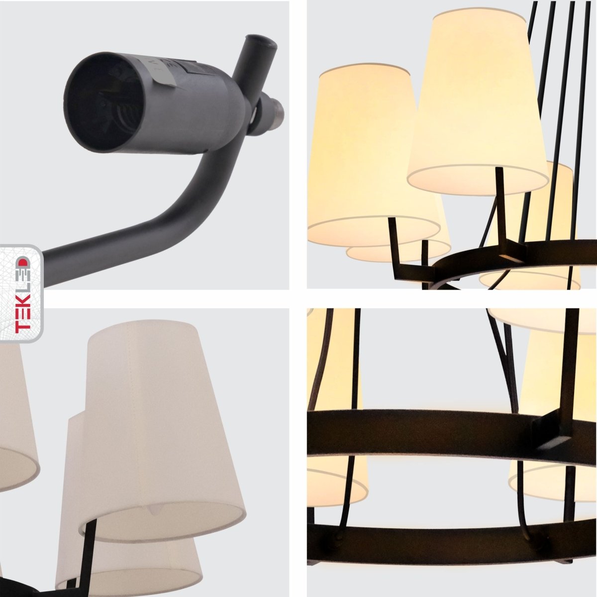 Detailed shots of Beige Fabric Shade Black Metal Body Chandelier with 8xE14 Fitting | TEKLED 159-17556