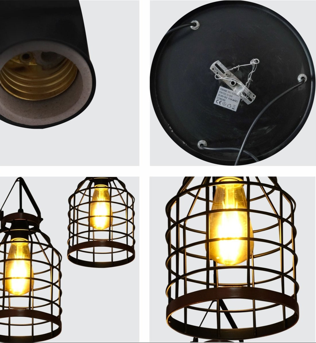 Detailed shots of Black Cage Metal Pendant Light with 3xE27 Fitting | TEKLED 156-19516