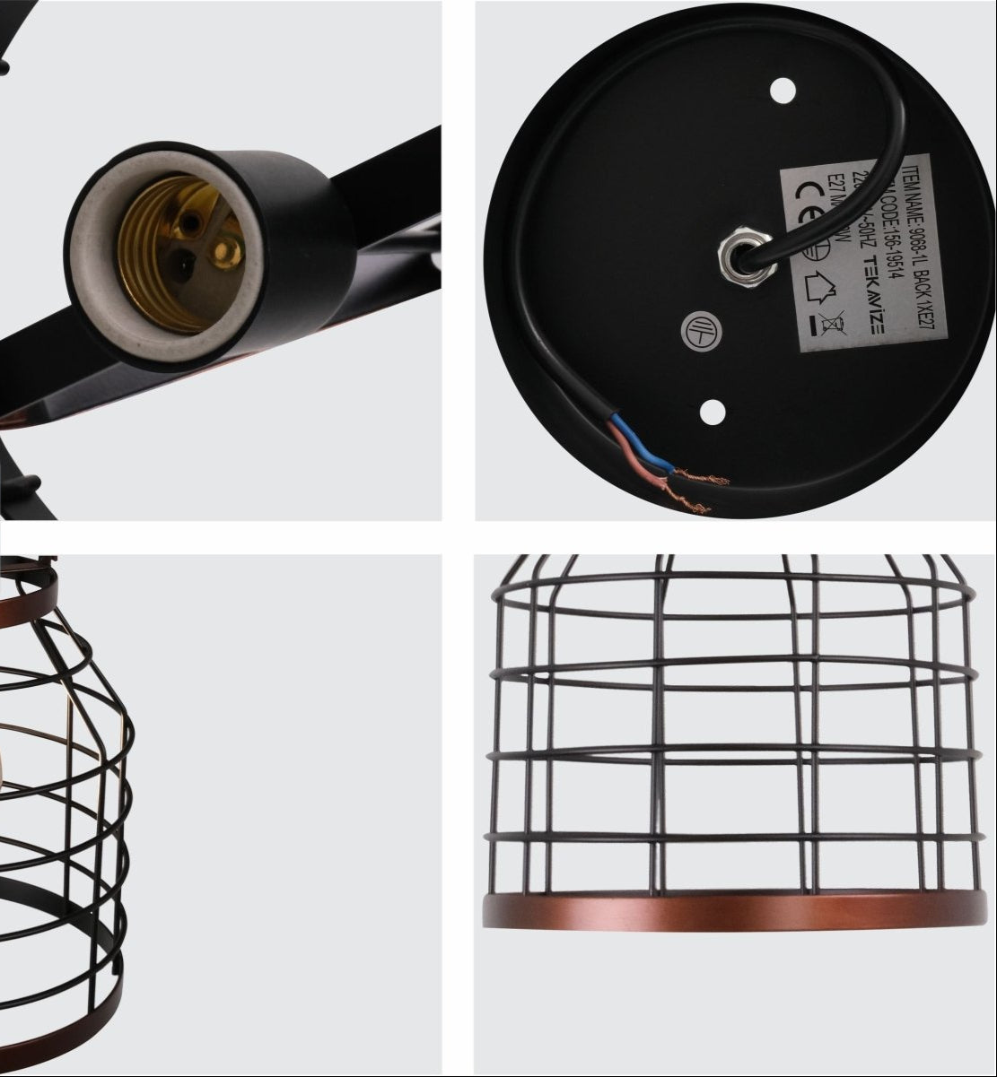 Detailed shots of Black Cage Metal Pendant Light with E27 Fitting | TEKLED 156-19514