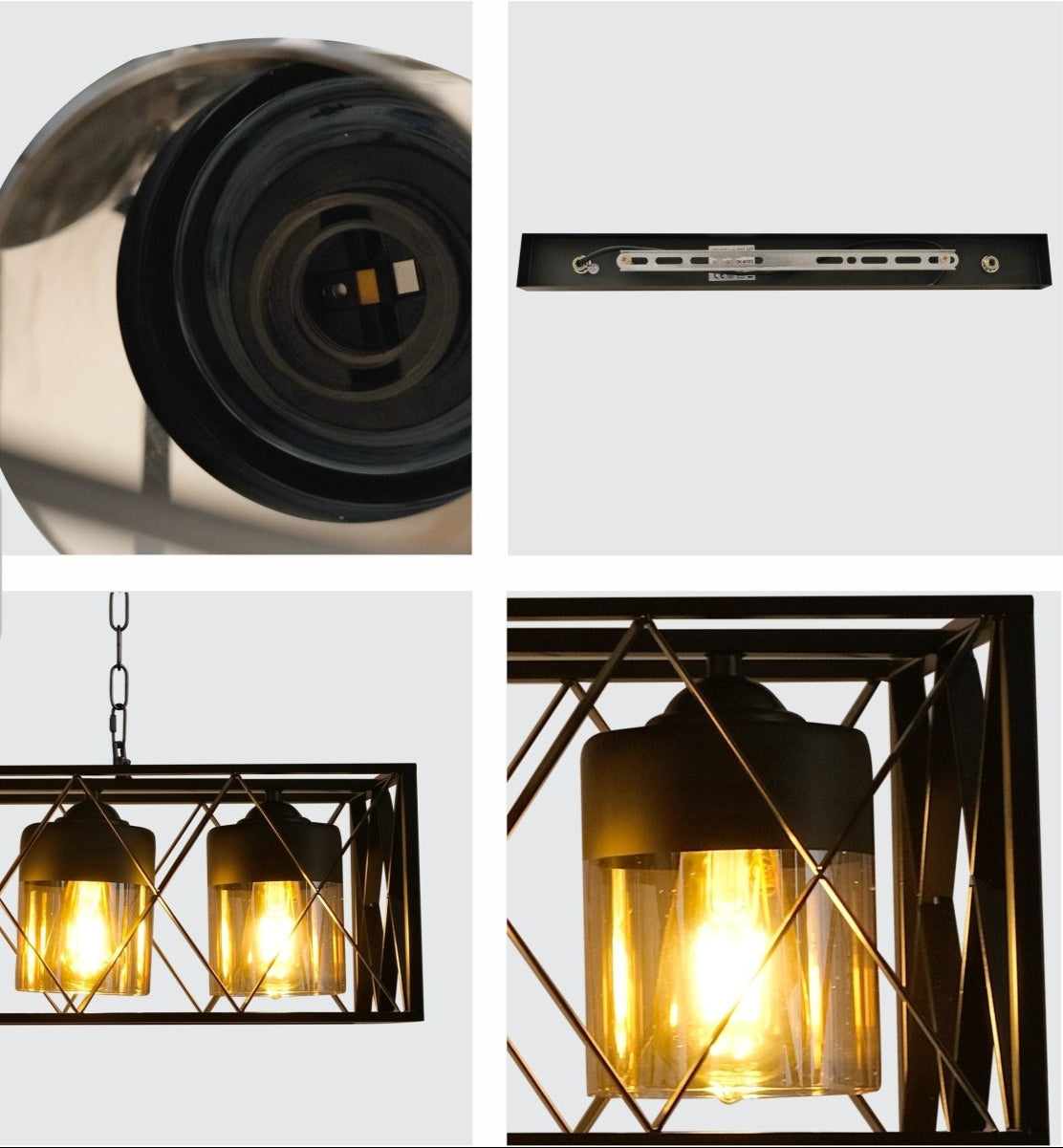 Detailed shots of Black Caged Metal Amber Cylinder Glass Island Chandelier with 5xE27 Fitting | TEKLED 158-19580