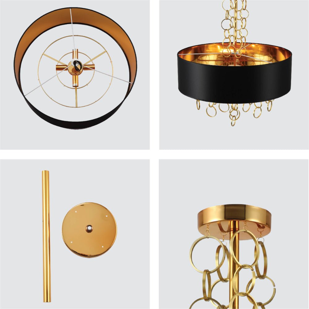 Detailed shots of Black Copper Fabric Drum Shade Gold Ring Chandelier Ceiling Light with 4xE14 Fittings  | TEKLED 158-19622