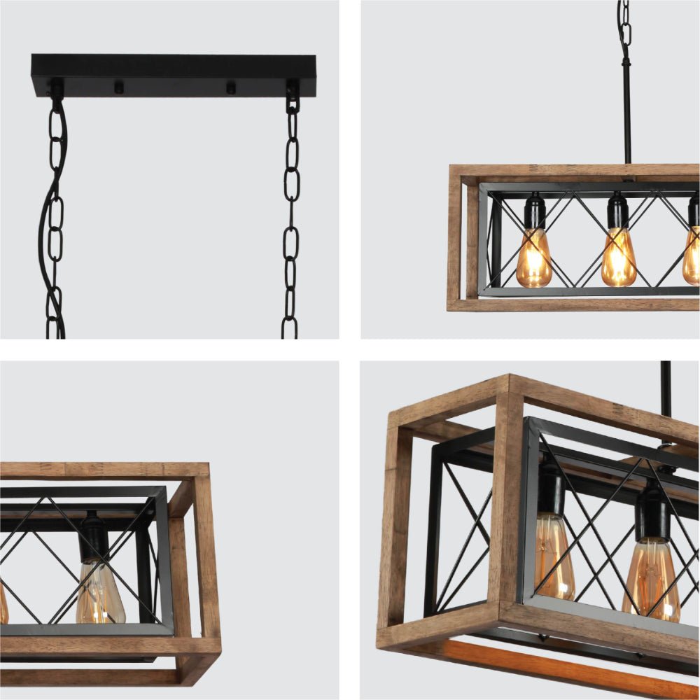 Detailed shots of Black Metal Cage Old Wood Cuboid Kitchen Island Chandelier Ceiling Light with 5xE27 | TEKLED 159-17860