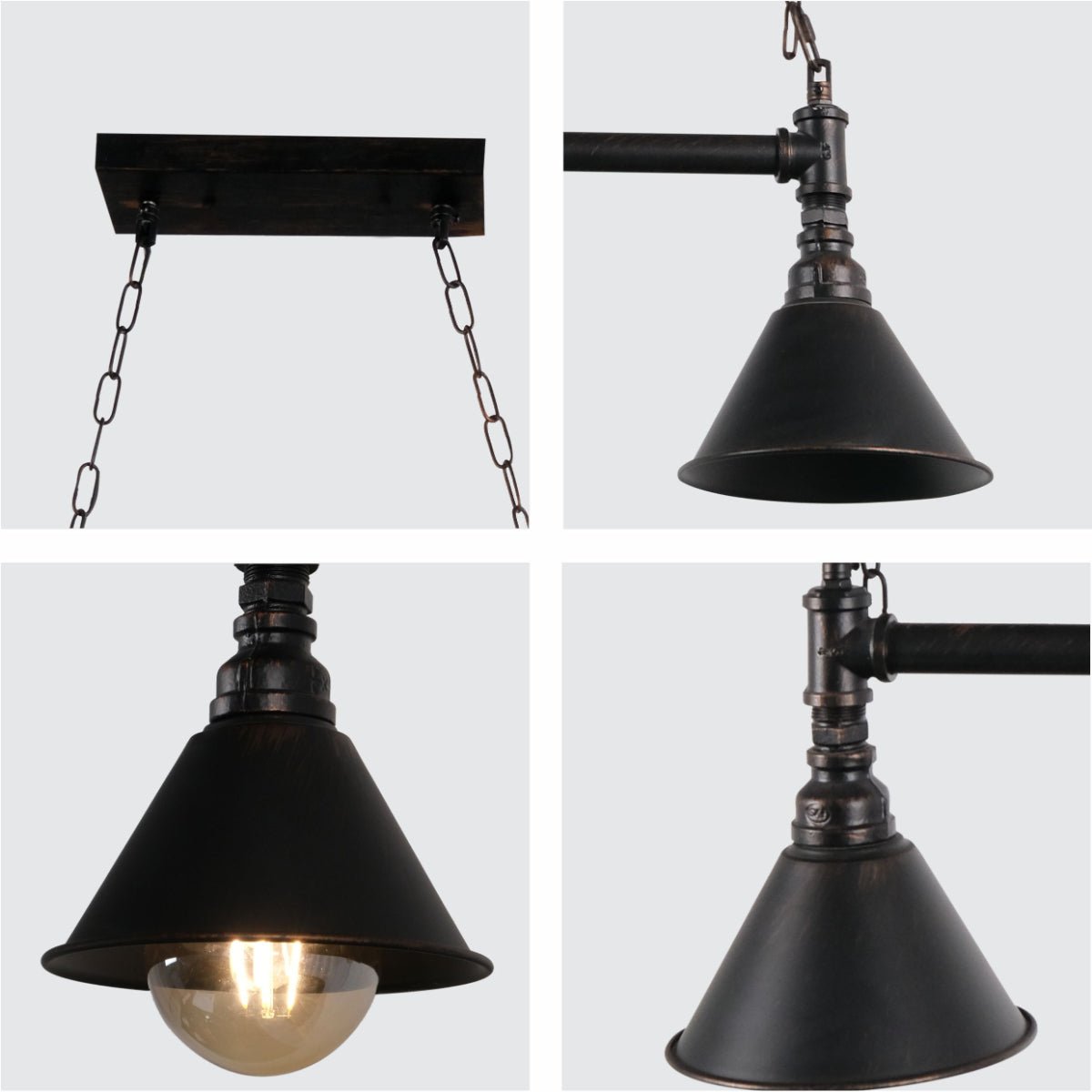 Detailed shots of Black Metal Funnel Pipe Island Ceiling Chandelier Light with 3xE27 | TEKLED 150-17966