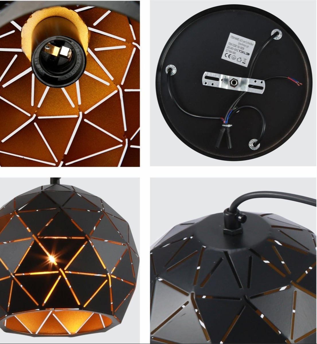 Detailed shots of Black Metal Laser Cut Globe Pendant Light with 3xE27 Fitting | TEKLED 150-18256