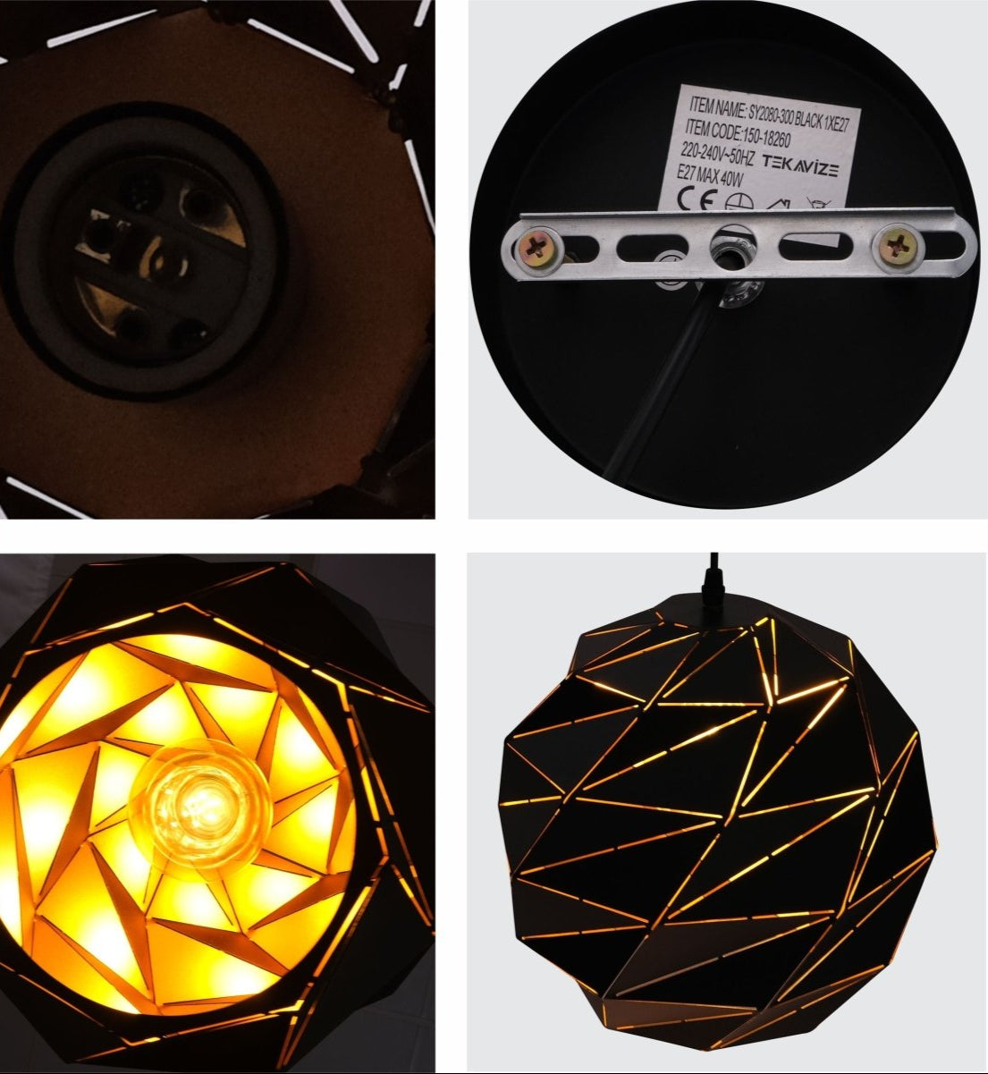 Detailed shots of Black Metal Laser Cut Globe Pendant Light Large with E27 Fitting | TEKLED 150-18260