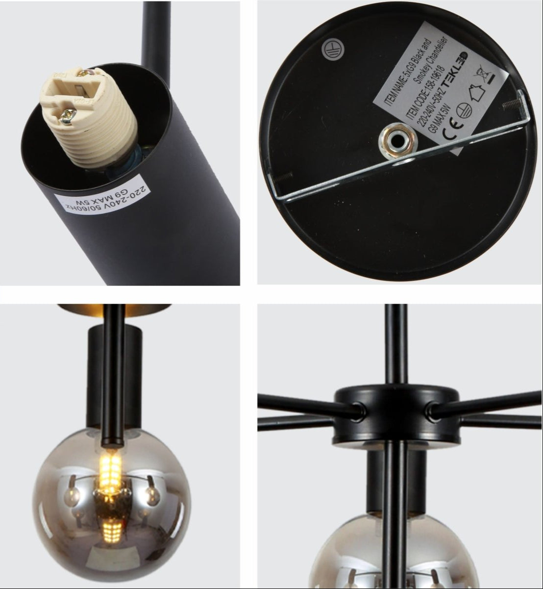 Detailed shots of Black and Smoky Chandelier with 5xG9 Fitting | TEKLED 158-19618