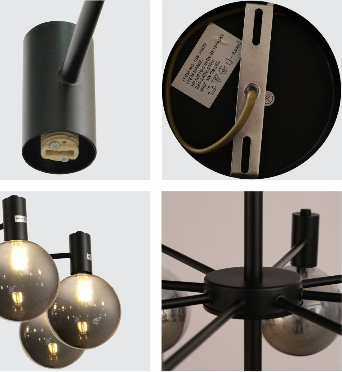 Detailed shots of Black and Smoky Chandelier with 8xG9 Fitting | TEKLED 158-19620