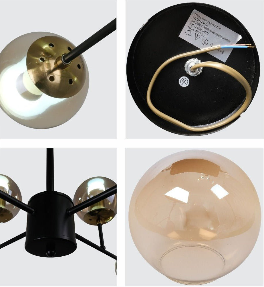 Detailed shots of Chandelier Stilnovo Amber Glass Black Body with 8xE27 Fitting | TEKLED 159-17324