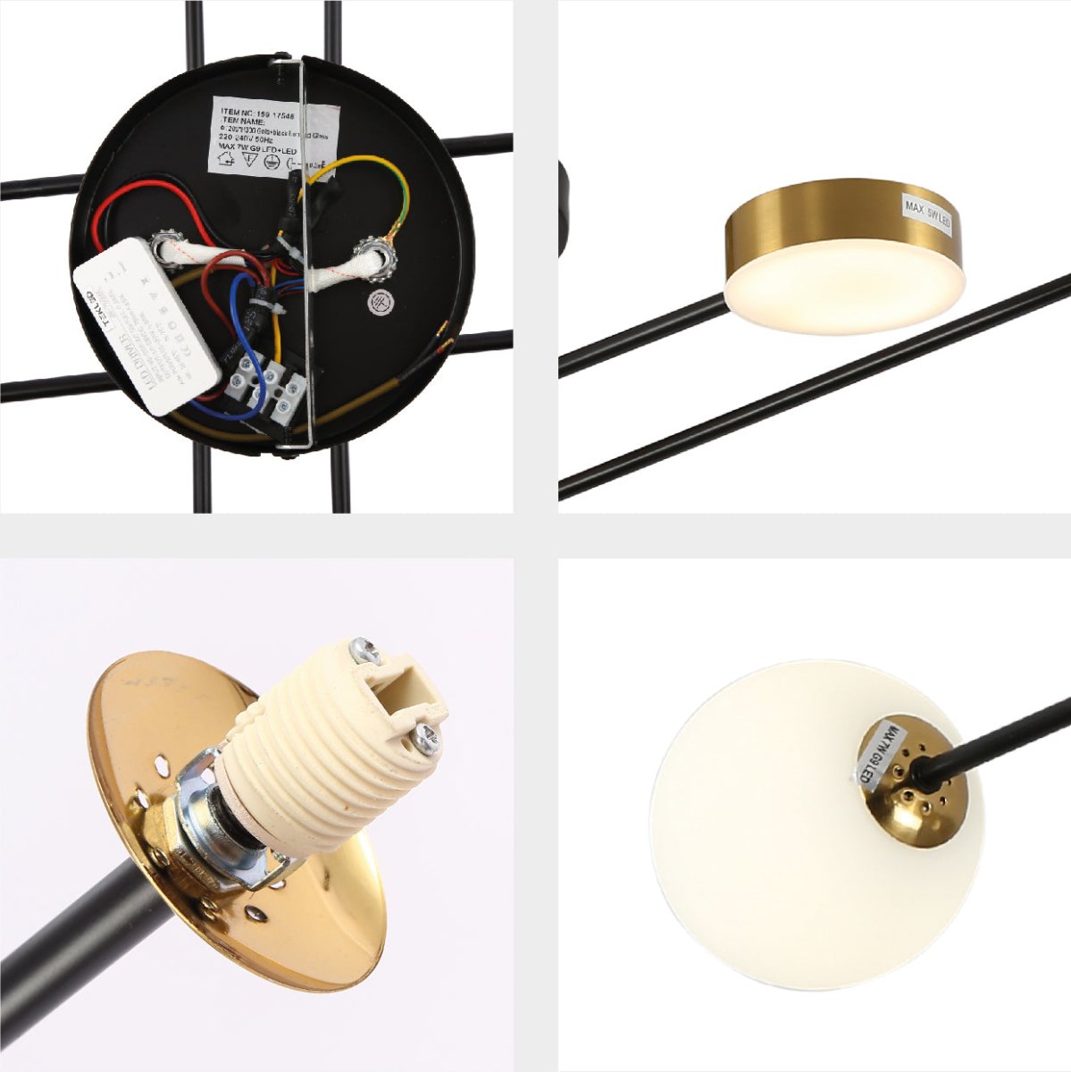 Detailed shots of Contemporary Hybrid Sputnik Modern Chandelier with 20W Built-in LED and 4xG9 Opal Globes Gold Black Finishing  | TEKLED 159-17548