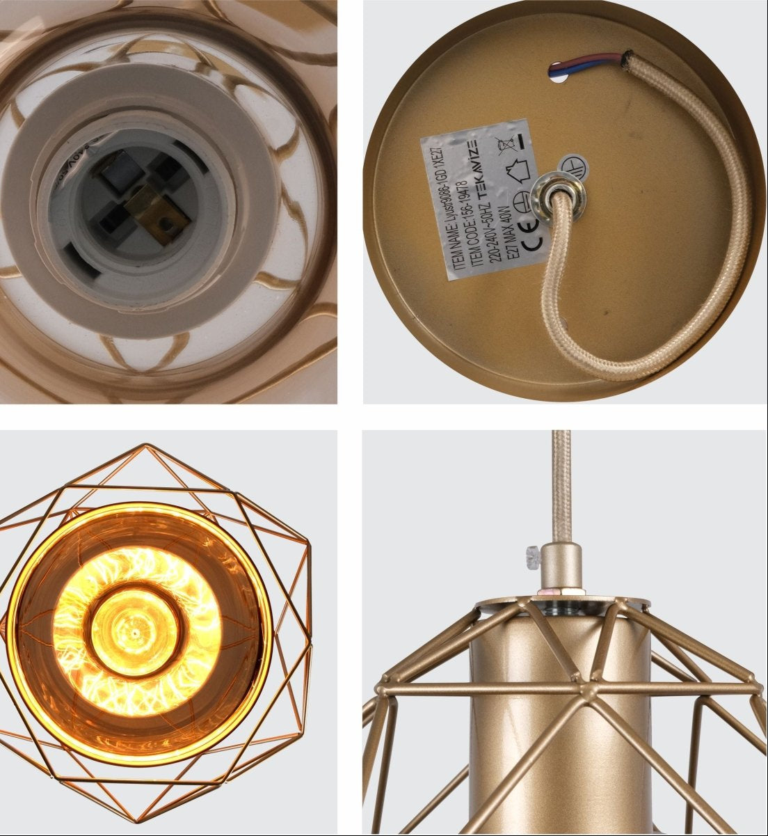 Detailed shots of Copper Glass Dome Gold Metal Cage Pendant Light with E27 Fitting | TEKLED 156-19478