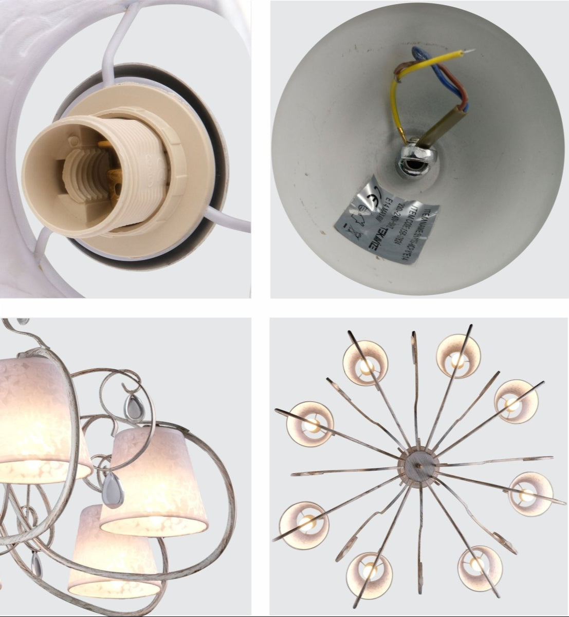 Detailed shots of Creamy White Shade Rice White Gold Brushed 8 Arm Chandelier with 8xE14 Fitting | TEKLED 158-17824