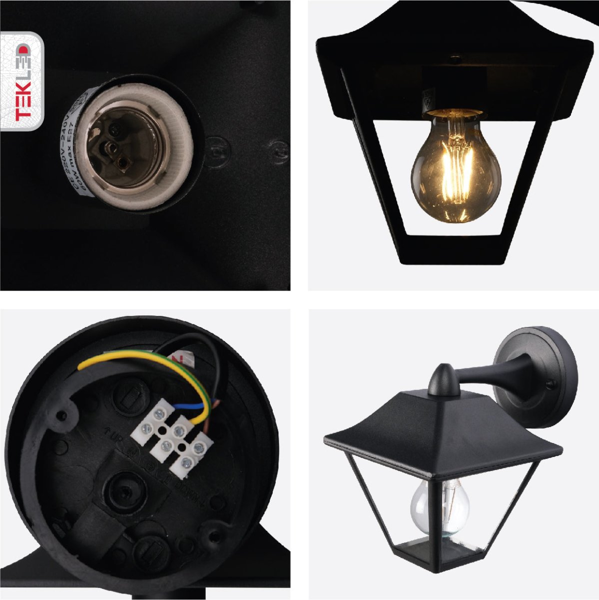 Detailed shots of Downward Wall Lamp Matt Black Clear Glass E27 | TEKLED 252-15452