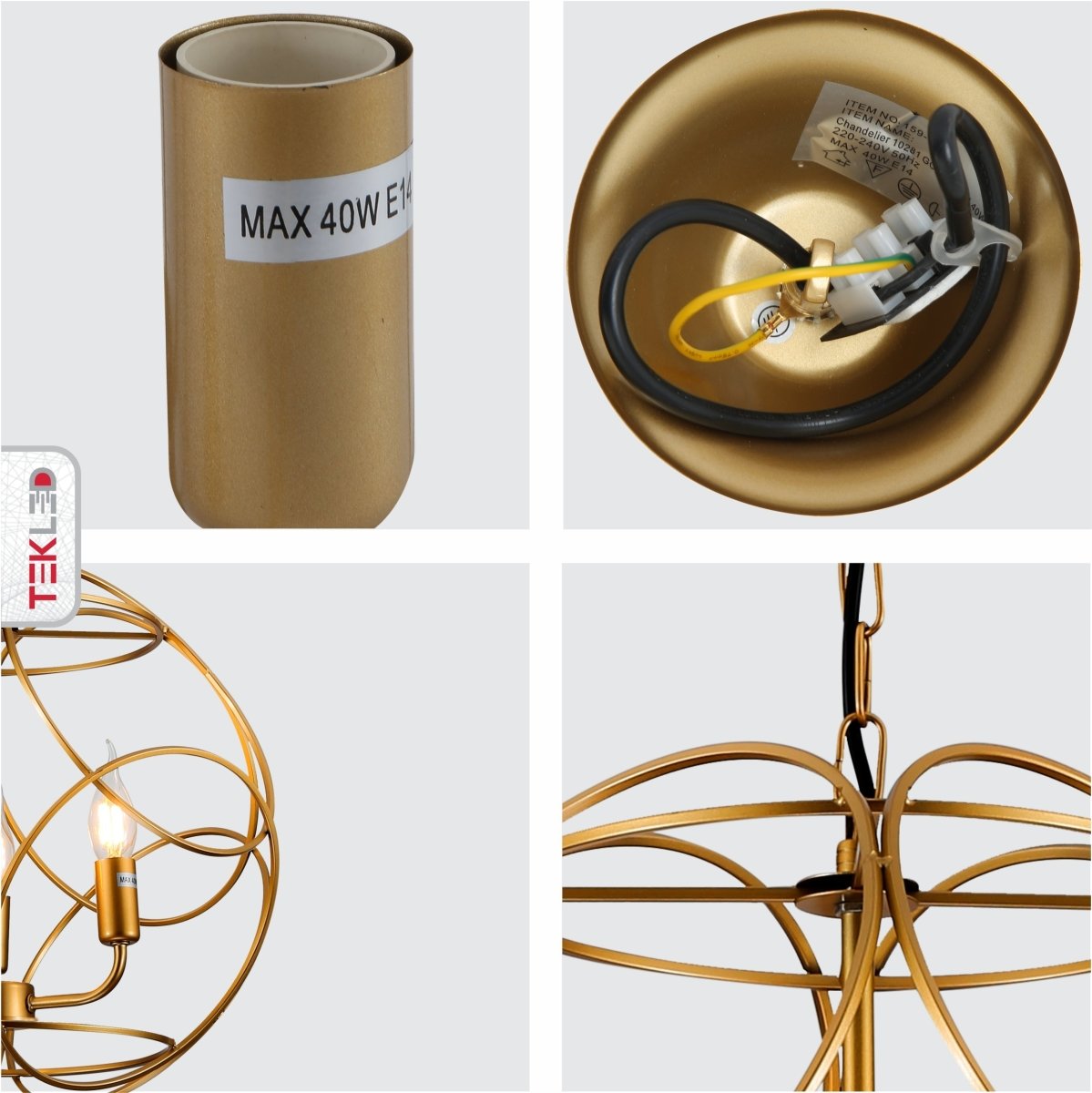 Detailed shots of Gold Aluminium Bronze Globe Cage Pendant Chandelier Light with 3xE14 Fittings | TEKLED 159-17448