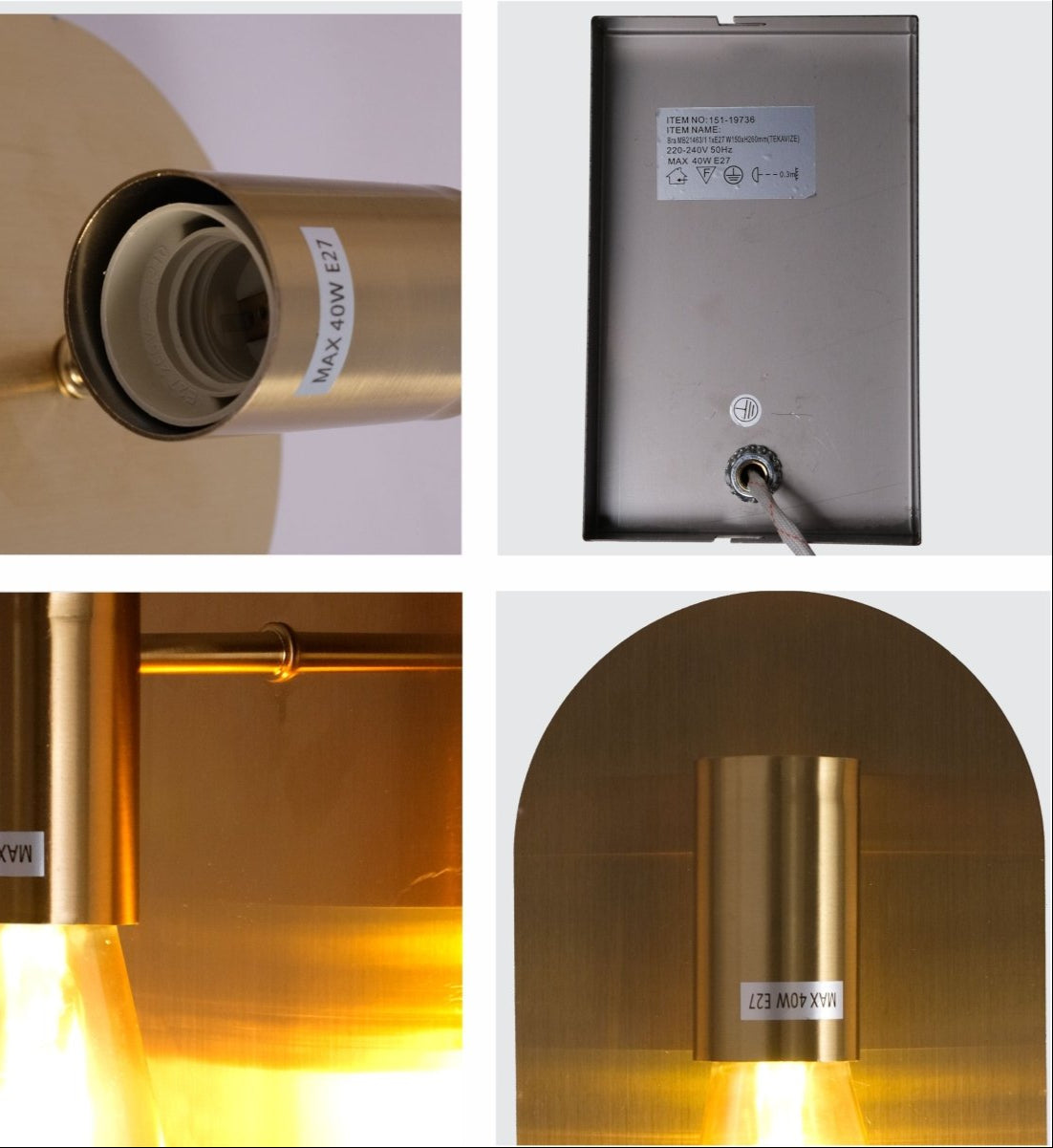 Detailed shots of Gold Metal Wall Light with E27 Fitting | TEKLED 151-19736