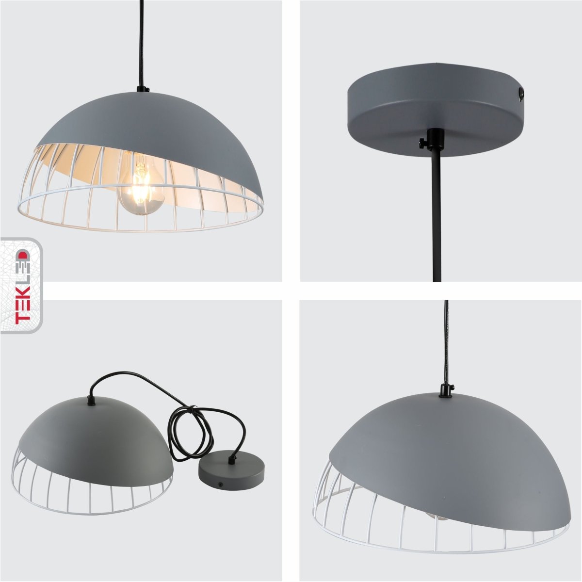 Detailed shots of Grey White Caged Dome Nordic Metal Ceiling Pendant Light with E27 Fitting | TEKLED 150-18392