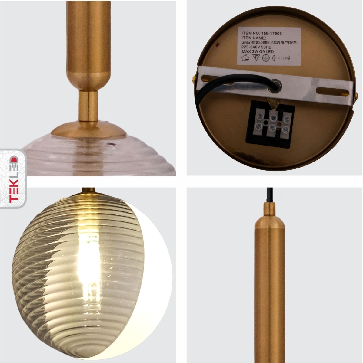 Detailed shots of Half Opal Half Smoky Globe Gold Pendant Light with G9 Fitting | TEKLED 159-17506