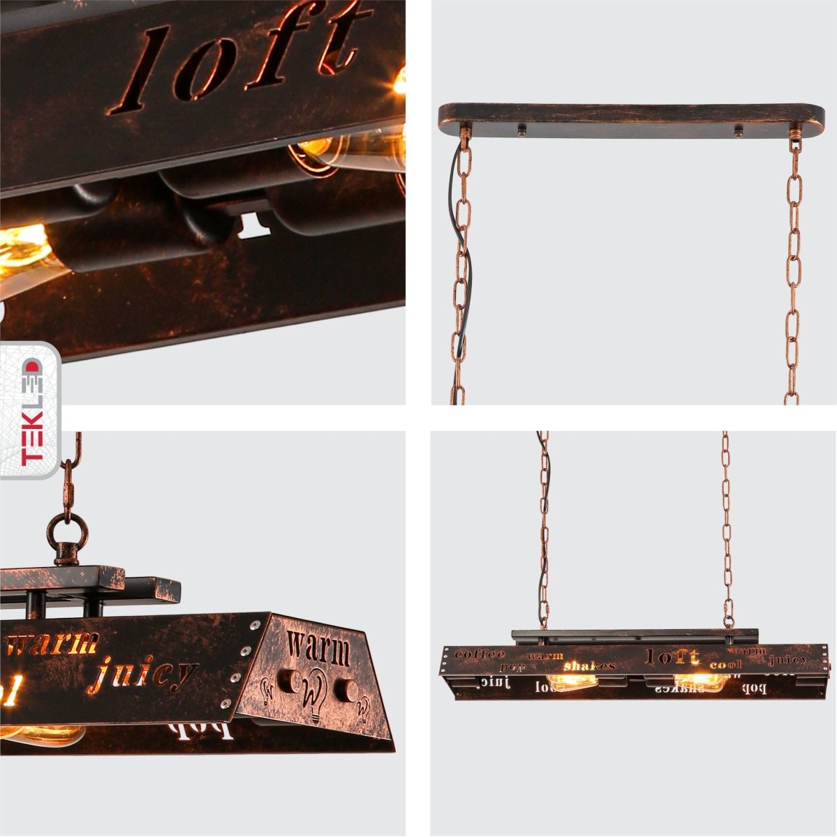 Detailed shots of Iron Industrial Island Chandelier 4xE27 | TEKLED 159-17854