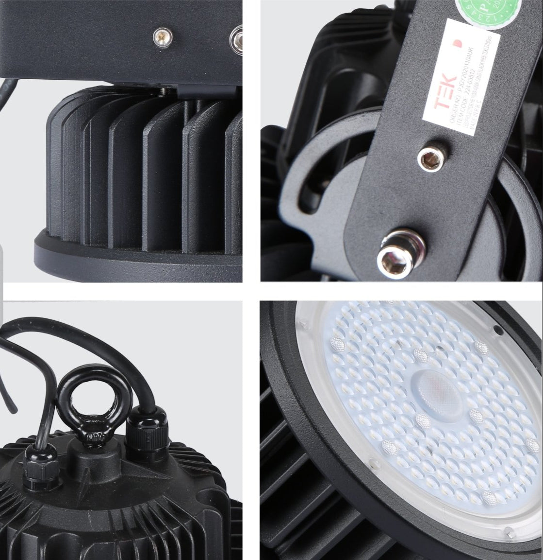 Detailed shots of LED UFO Cold Forged Heatsink Highbay Light 100W Cool White 4000K Sand Black IP65 | TEKLED 224-03512