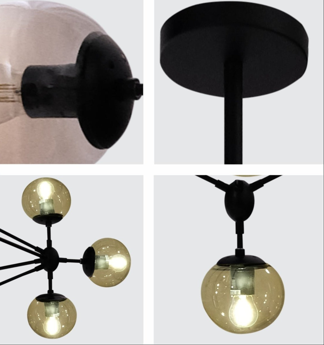 Detailed shots of Molecule Shape Black Rod Metal Amber Glass Globe Chandelier with 13xE27 Fitting | TEKLED 156-19502