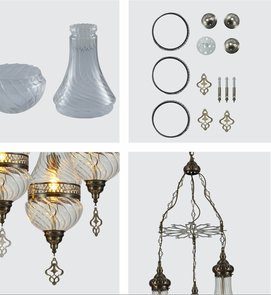 Detailed shots of Moroccan Style Antique Brass and Clear Glass Ceiling Oriental Chandelier with 3xE27 | TEKLED 158-19555