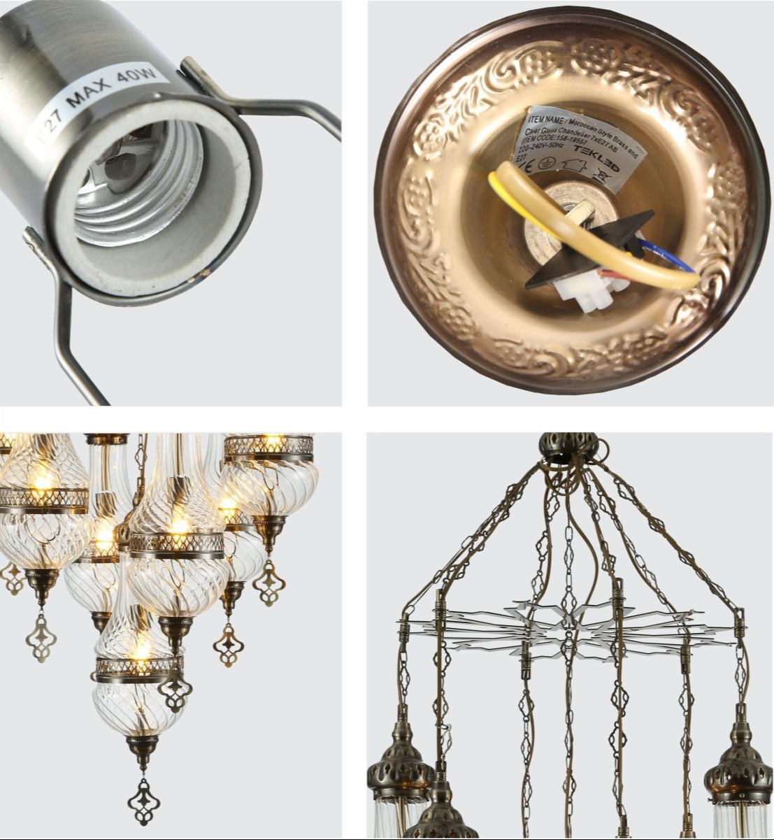 Detailed shots of Moroccan Style Antique Brass and Clear Glass Chandelier with 7xE27 | TEKLED 158-19557