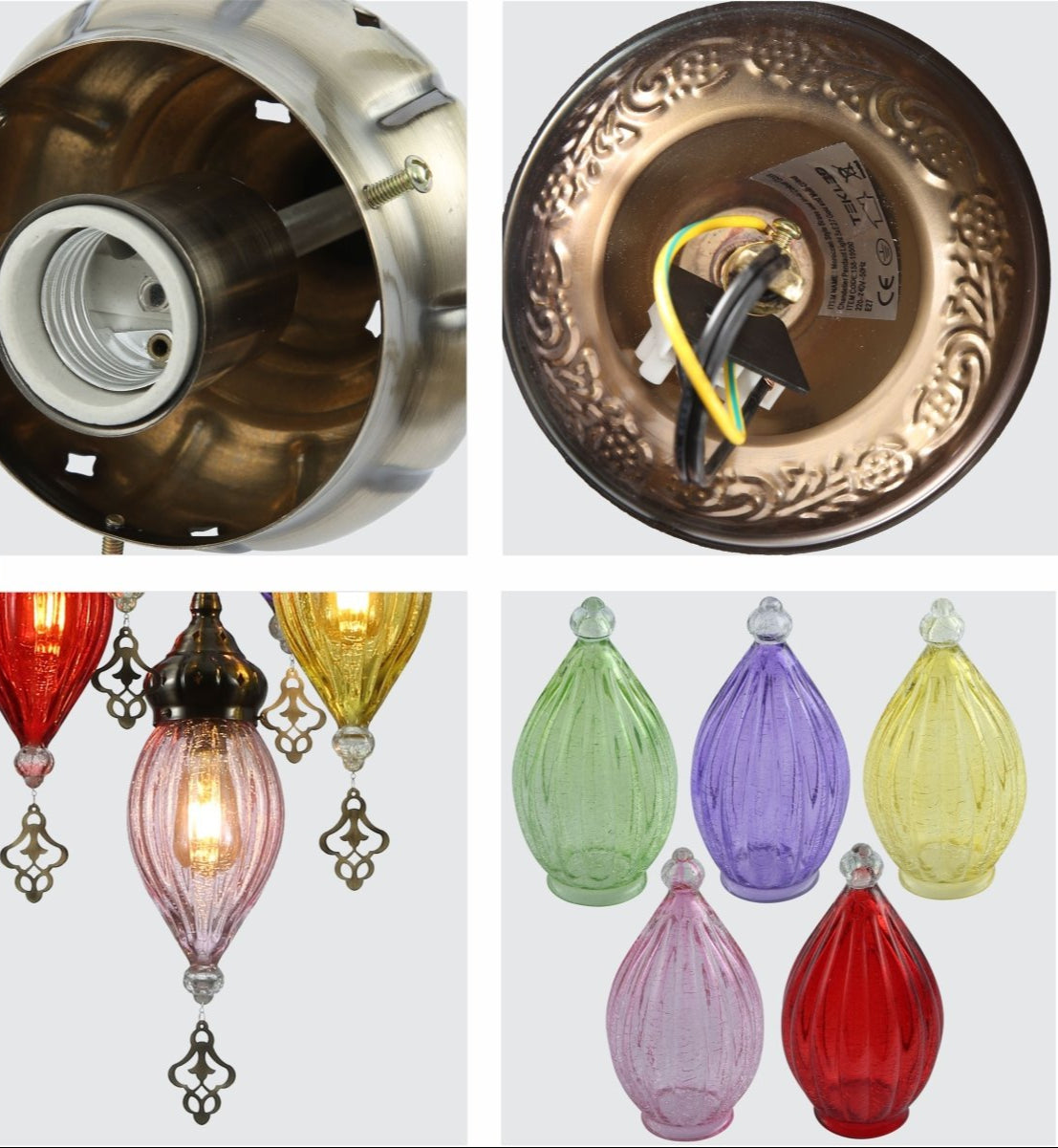 Detailed shots of Moroccan Style Antique Brass and Multi Colour Glass Chandelier Pendant Light 5xE27 | TEKLED 158-19560