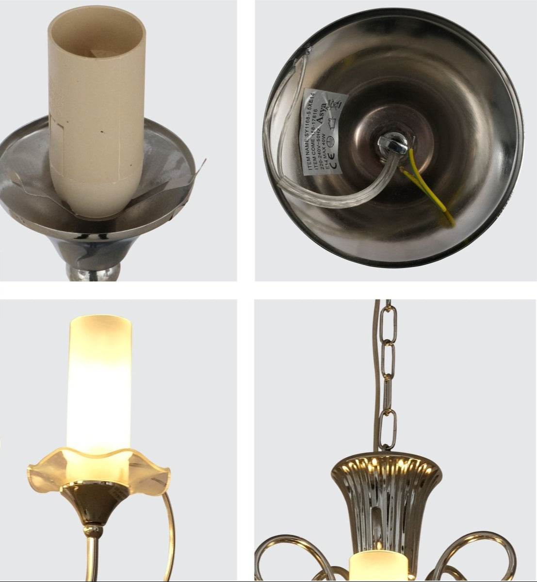 Detailed shots of Opal Cylinder Glass Chrome Metal 5 Arm Chandelier with 5xE14 Fitting | TEKLED 158-17816