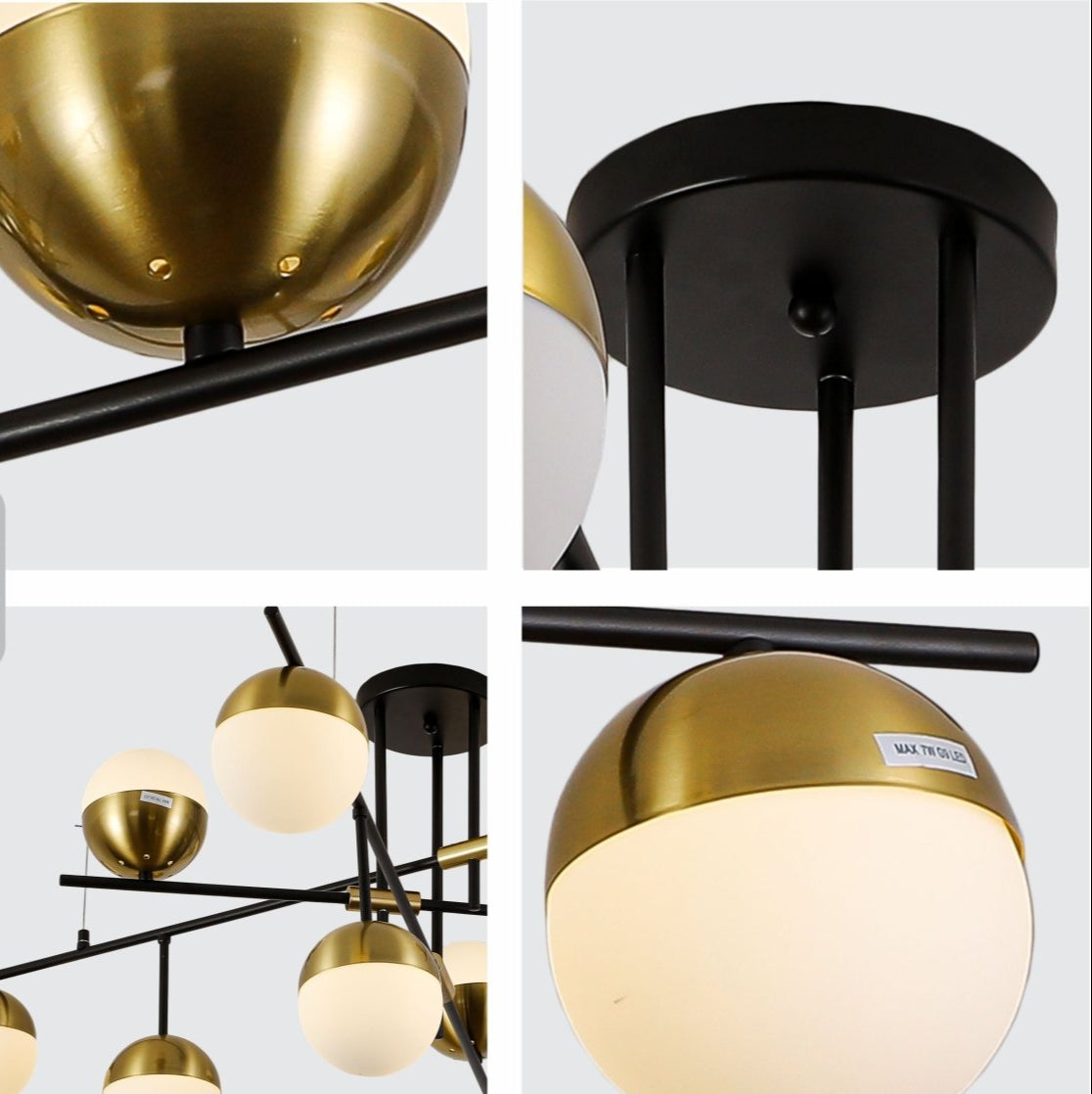 Detailed shots of Opal Globe Glass Gold Black Metal Body Modern Nordic Chandelier with 9xG9 Fittings | TEKLED 159-17540