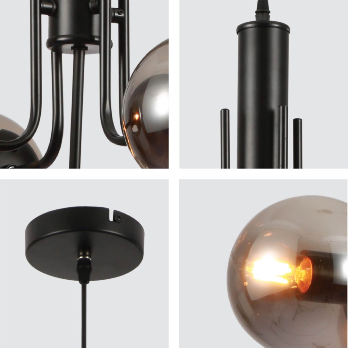 Detailed shots of Smoky Globe Glass Black Body Pendant Chandelier Ceiling Light with 5xE27s | TEKLED 159-17412