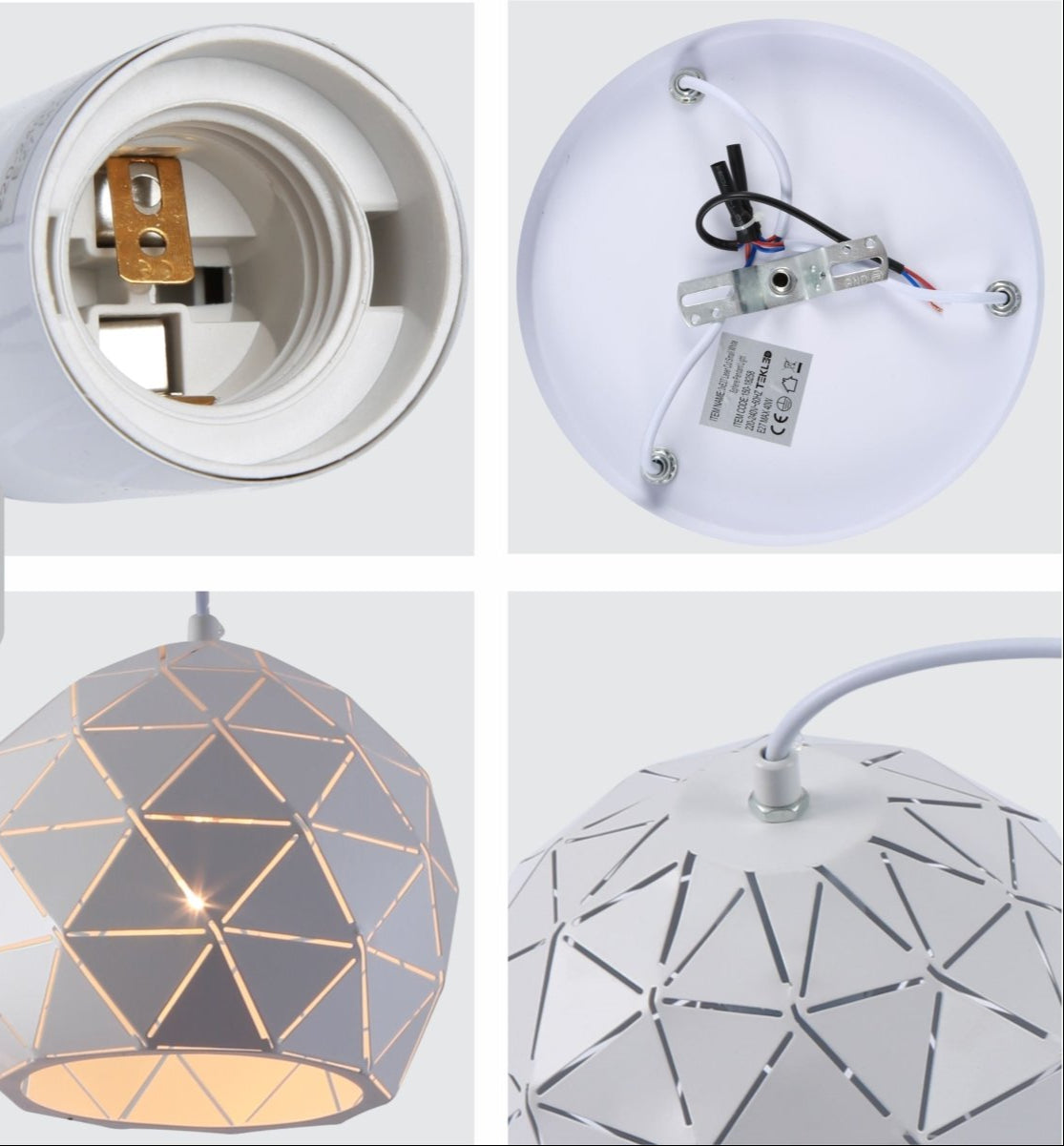 Detailed shots of White Metal Laser Cut Globe Pendant Light with 3xE27 Fitting | TEKLED 150-18258