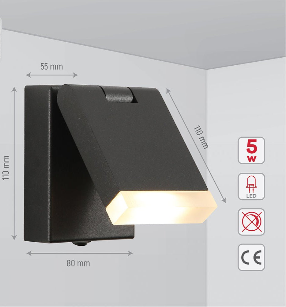 Tehcnical specifications and dimensions of Flat Black Aluminium LED Swing Wall Light 5W Warm White