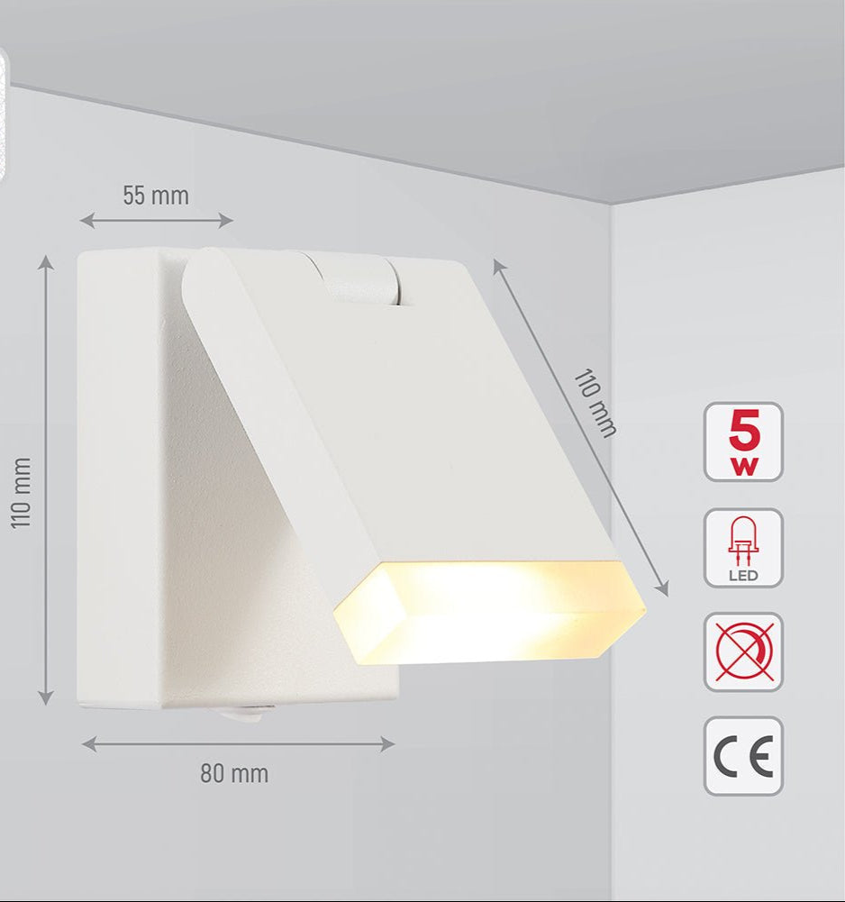 Tehcnical specifications and dimensions of Flat White Aluminium LED Swing Wall Light 5W Warm White