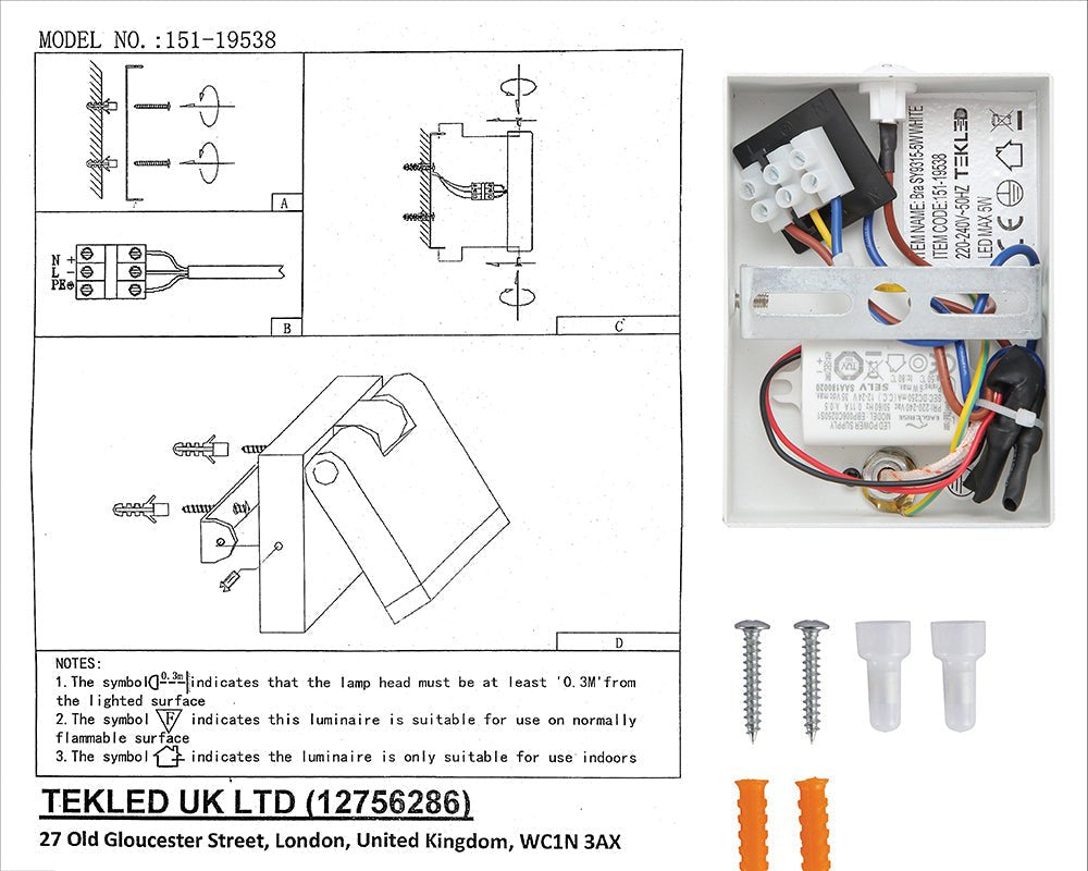 User manual and installation tools of Flat White Aluminium LED Swing Wall Light 5W Warm White