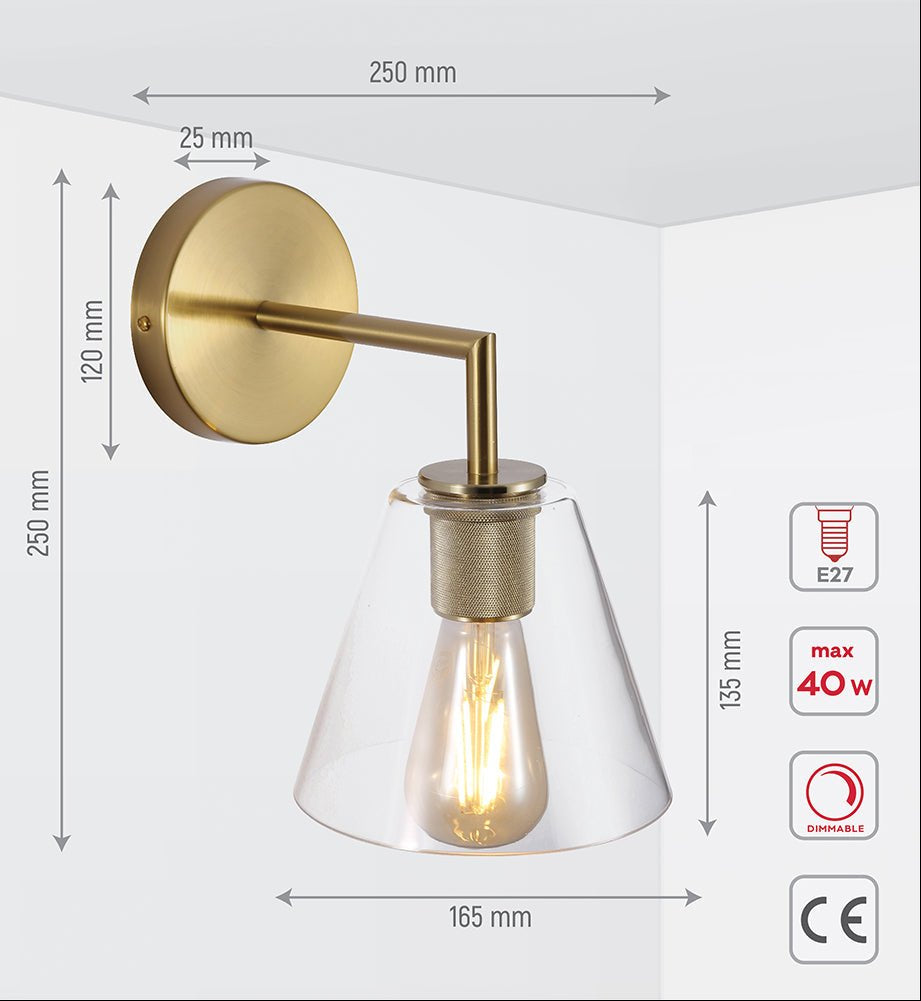 Tehcnical specifications and dimensions of Gold Aluminium Bronze Body Clear Glass Funnel Wall Light with E27 Fitting