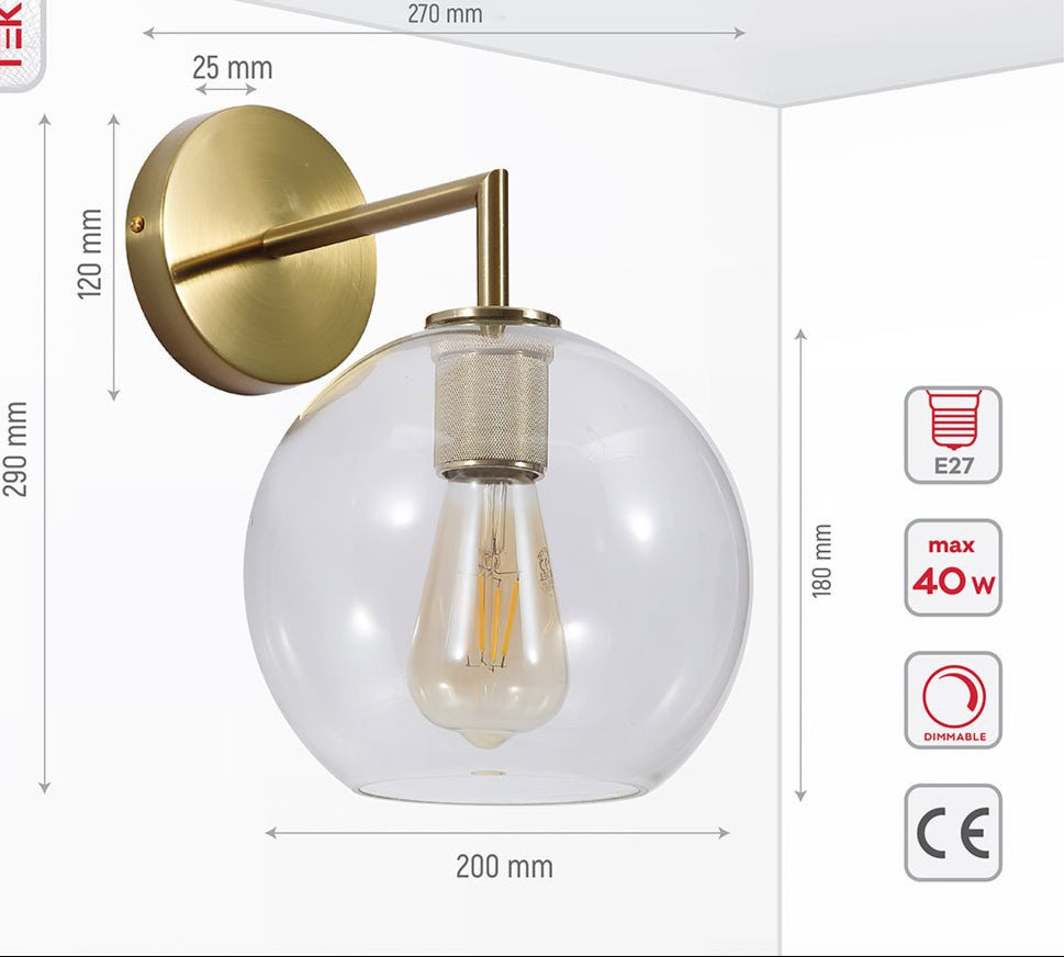 Tehcnical specifications and dimensions of Gold Aluminium Bronze Body Clear Glass Globe Wall Light with E27 Fitting