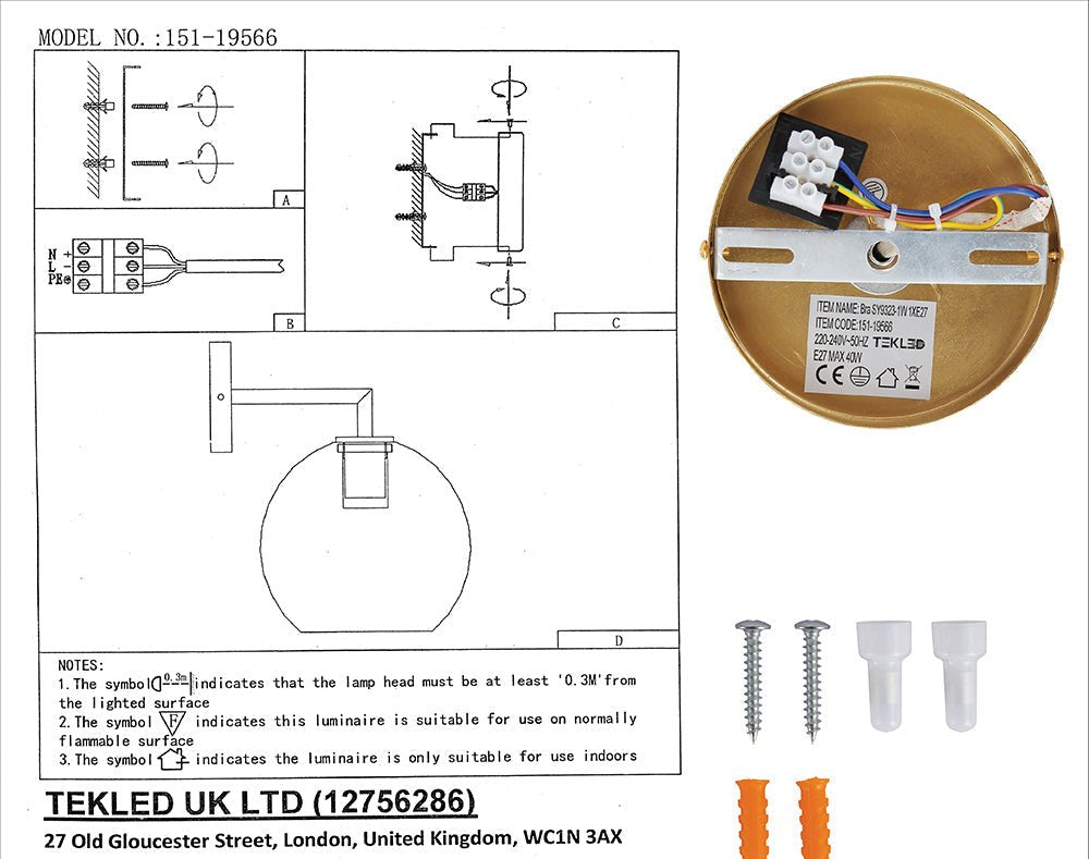 User manual and installation tools of Gold Aluminium Bronze Body Clear Glass Globe Wall Light with E27 Fitting