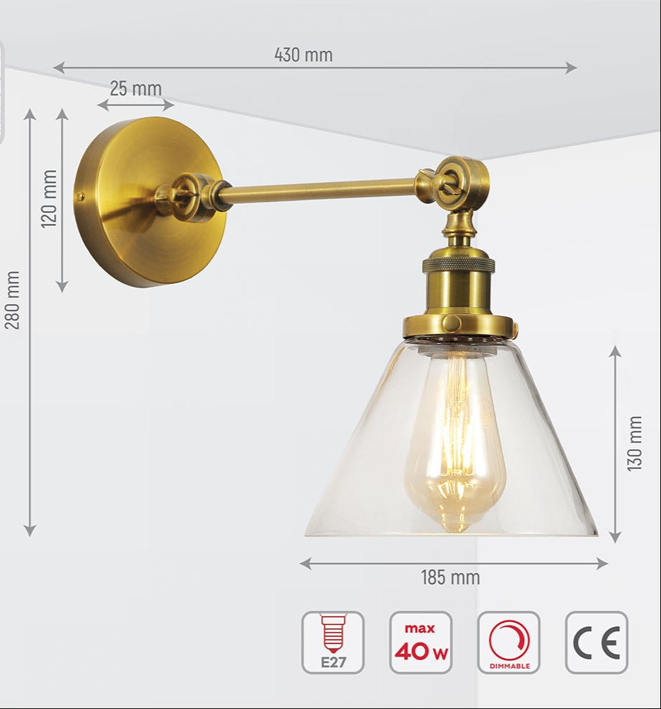 Tehcnical specifications and dimensions of Gold Aluminium Bronze Hinged Body Clear Glass Funnel Wall Light with E27 Fitting