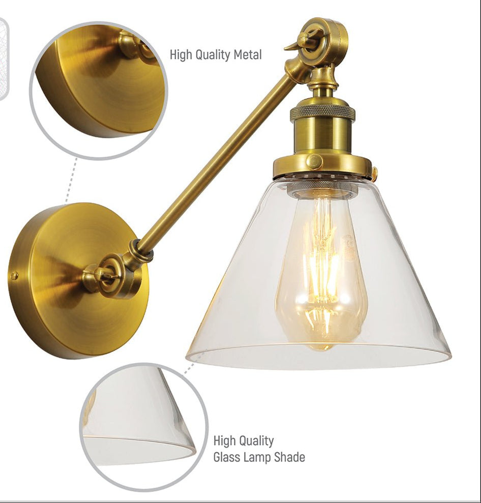 Features of Gold Aluminium Bronze Hinged Body Clear Glass Funnel Wall Light with E27 Fitting